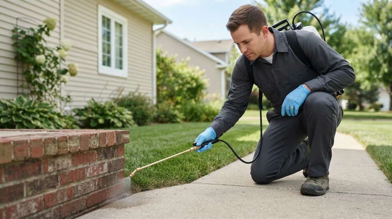 Pest control technician treating a home near De Leon, TX