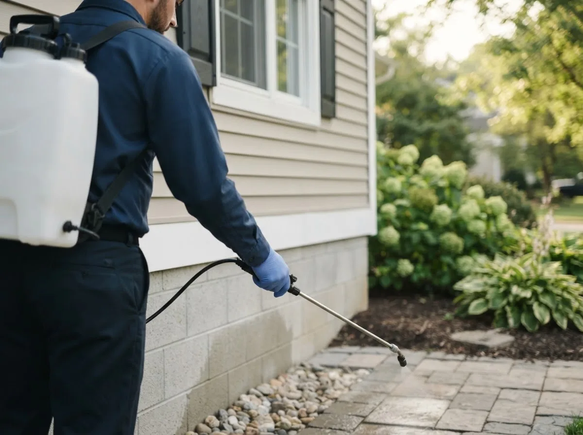 Pest control technician inspecting a home in De Leon, TX